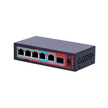 Safire extender switch poe, ampia portata dell' alimentazione poe,4 porte poe + 1 uplink rj45 +1 sfp, ieee 802.3 af/at/bt, potenza massima in uscita 60 w, porte 10/100/1000 mbps