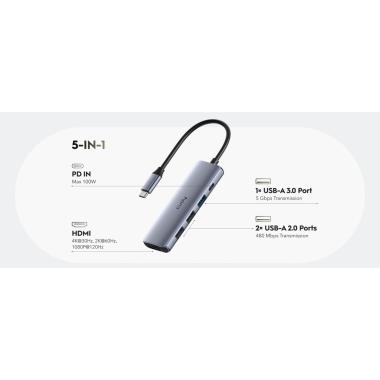 Adattatore multifunzione 5 in1, 1x usb 3.2, 1x  hdmi, 2x usb 2,0, 1x usb type-c 100w