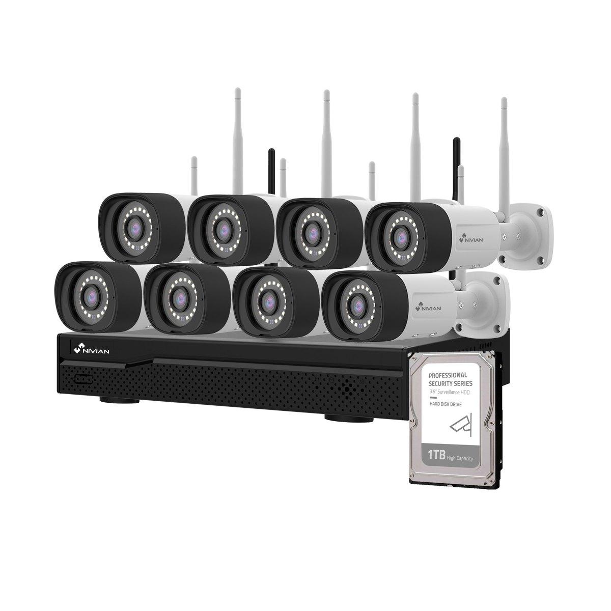 Kit tvcc wifi nivian nvr 16 canali, 8 telecamere 3 mp preregistrate, adatte per uso esterno ip66, include 1tb hard disk, app e software eseecloud
