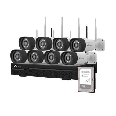 Kit tvcc wifi nivian nvr 16 canali, 8 telecamere 3 mp preregistrate, adatte per uso esterno ip66, include 1tb hard disk, app e software eseecloud